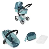 Bayer Chic 2000 3-in-1 Puppenwagen-Set Mika mit Autositz und Wickeltasche, Sterne türkis