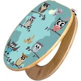 Banjado Design WC Sitz Bambus Toilettendeckel Toilettensitz Bambus Holz Klodeckel WC-Sitz Universal Scharnieren Motiv Acht Eulen