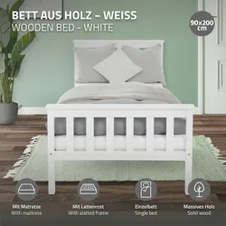 Einzelbett Jugendbett mit Lattenrost und Matratze Holzbett Kinder Bett 90x200 cm