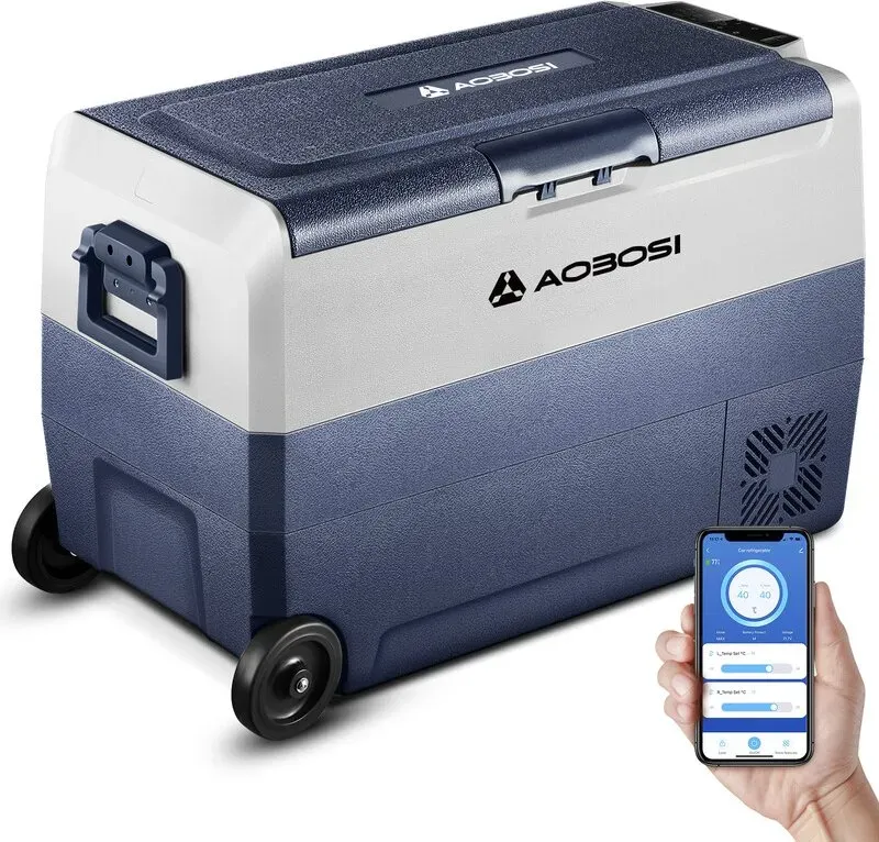 AAOBOSI 50L Kompressor-Kühlbox mit zwei Zonen, tragbarer elektrischer Autokühlschrank mit WLAN-App-Steuerung, Betrieb über 12/24V DC & 100–240V AC, schnelle Kühlung bis –20 °C, Batterieschutz, mit Rädern & Griff – ideal für Camping, Wohnmobil & Zuhause