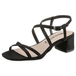 Sandalette TAMARIS, Damen, Gr. 39, schwarz, Textil, Veloursleder, elegant, Schuhe, Sommerschuh, Sandale, Blockabsatz, mit feinen Riemchen