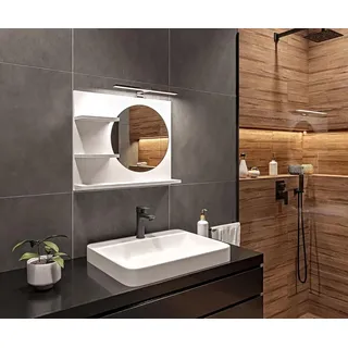Badspiegel Rund 40 cm mit Beleuchtung 4000 K IP44 Weiß H:50 x B: 60 cm - Badezimmer Spiegel mit Ablagen und LED Schwarzes Gehäuse - Spiegel Rechts - Weiß