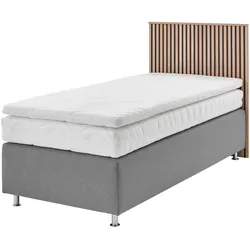Boxspringbett "Quercus", grau, L:206cm, Kopfteil MDF/Dekor Eiche hell, Boxenbezug: Feinstruktur 100% Polyester, Box: Holzwerkstoff mit Bonnellfederung, Füße: verchromtes Metall, Topper: Kaltschaum, WESTFALIA SCHLAFKOMFORT, Komplettbetten, Boxspringbett, wahlweise mit LED-Beluchtung, 3 Matratzenarten zur Auswahl
