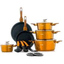 DMS DMS® 15-teilig Induktion Kochgeschirr Kochset Töpfe Pfannen Set Bratpfanne Kasserolle Suppentopf mit Glasdeckel 3 Küchenutensilien 2 Topfuntersetzer Marbel Beschichtung (Kupfer)
