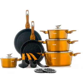 DMS DMS® 15-teilig Induktion Kochgeschirr Kochset Töpfe Pfannen Set Bratpfanne Kasserolle Suppentopf mit Glasdeckel 3 Küchenutensilien 2 Topfuntersetzer Marbel Beschichtung (Kupfer)