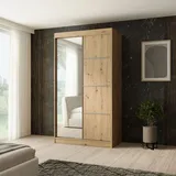 beautysofa Schiebtürenschrank PACO 120 cm - Kleiderschrank inkl. 2 Schiebtüren Schrank mit Spiegel & Kleiderstange, Farbe: Eiche Craft golden - Braun