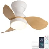 ycwdcz Ø56cm Mini Deckenventilator mit Lampe und Fernbedienung, kleine Deckenventilator mit Beleuchtung, Reversibel Sommer Winterbetrieb 6 Gang Leise DC Motor, Weiß + Holzmaserung