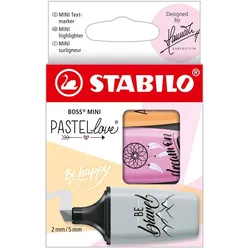 Textmarker - STABILO BOSS MINI Pastellove 2.0 - 3er Pack - Seidengrau, frische Fuchsie, sanftes Orange