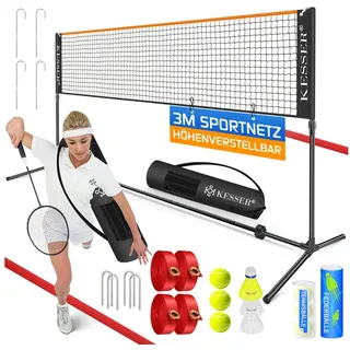Kesser KESSER® Badmintonnetz, Tennisnetz 300cm 400cm 500 cm Federballnetz 3-Fach-Höhenverstellbar, Set bestehend aus Netz, 3x Feder- & Tennisball, stabilem Eisen-Gestell, Transporttasche, Indoor & Outdoor