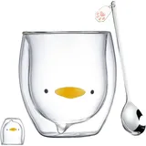 Doppelwandige Gläser Ente mit Löffel, Doppelwandige Ente Teeglas 250 ml, Doppelwandiges Glas Ente, Ente Glas, Thermoglas Ente, Kaffeeglas Teegläser, für Cappuccino,Latte Macchiato,Tee, Milch, Bier
