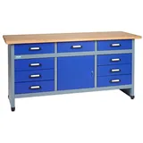 KÜPPER Werkbank Holz 1700 mm x 840 mm x 600 mm Ultramarinblau/Silber-Grau 9 Schubladen, 1 Tür