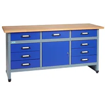 KÜPPER Werkbank Holz 1700 mm x 840 mm x 600 mm Ultramarinblau/Silber-Grau 9 Schubladen, 1 Tür