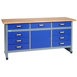 KÜPPER Werkbank Holz 1700 mm x 840 mm x 600 mm Ultramarinblau/Silber-Grau 9 Schubladen, 1 Tür