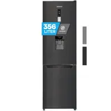 Heinrich ́s Kühlgefrierkombination mit 356L Mega Gesamtvolumen, 260L Kühlvolumen 96L Gefriervolumen, Kühlschrank inkl.Wasserspender, Türanschlag wechselbar, leise 37dB,große Tiefkühlboxen(schwarz-inox)