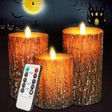 cimetech Flammenlose 3 LED Kerzen Pine Bark Cover mit Timerfunktion Echtwachs Flackernde Elektrische LED-Kerzensets mit Fernbedienung