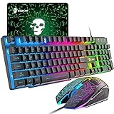 Kabelgebundenes mechanisches Gefühl Gaming-Tastatur und Maus-Set Regenbogen-LED 104 Tasten USB-beleuchtete Tastatur 2400DPI 6 Tasten Optische Gaming-Maus Mäuse+Mauspads für PS4 Xbox PC Laptop Schwarz