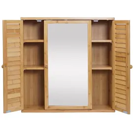 Mendler Spiegelschrank HWC-B18, Badspiegelschrank Hängeschrank, 3 Regalböden 3 Türen Bambus Spiegel 60x60x15cm