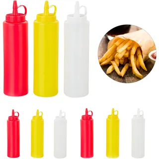 Relaxdays Squeeze Flasche, 9er Set, für Saucen, zum Quetschen, nachfüllbar, Zuhause & Gastronomie, 400 ml, rot/gelb/weiß