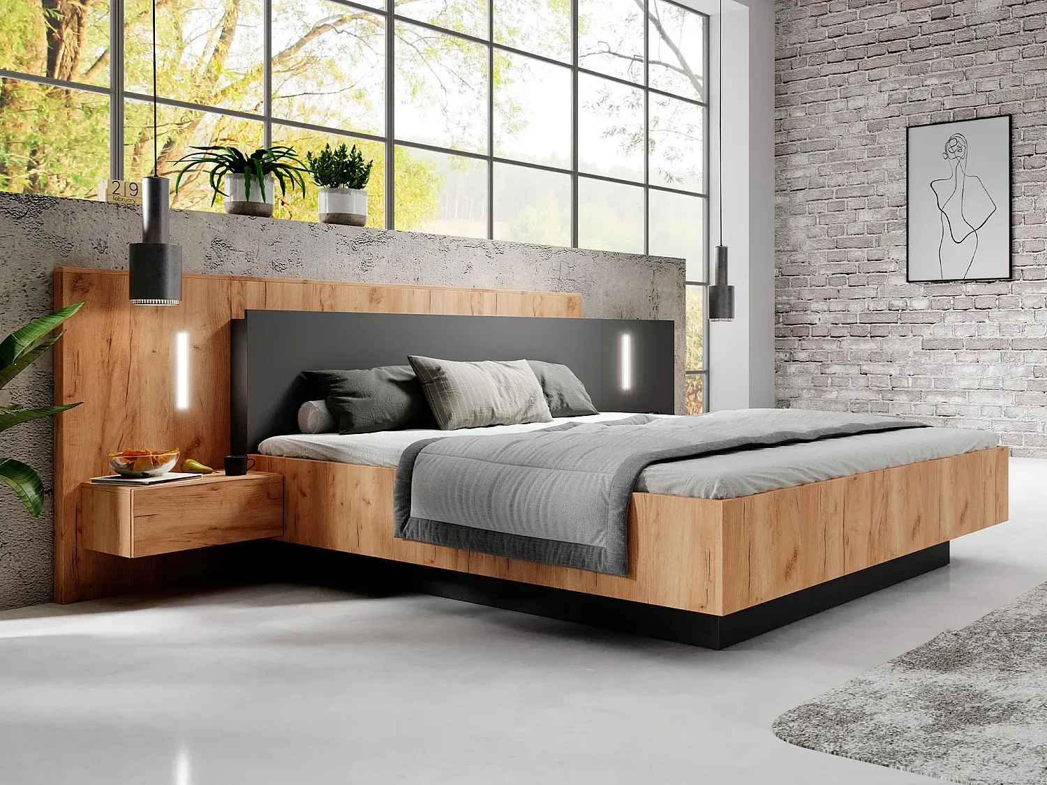 Bett mit Bettkasten mit Nachttischen - 160 x 200 cm - 2 Schubladen + LEDs - Holzfarben & Anthrazit - FRANCOLI