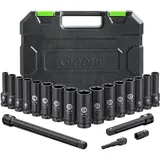 Ginour 20 tlg 1/2" Schlagschrauber Nüsse Set 8-24mm CR-V 16 tlg Sechskant Kraft Nuss, Stecknuss Set mit 3, 5,10-inch Verlängerung und 3/8" auf 1/2" Adapter
