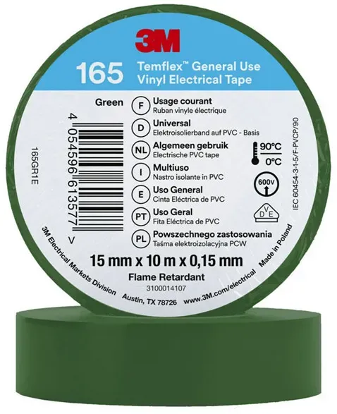 3M Temflex 165 Vinyl Elektro-Isolierband, 15mm breit, 10m lang, grün, 10 Stück