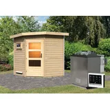 Karibu Saunahaus Außensauna Gartensauna Pekka mit Eckeinstieg unbehandelt Ofen 9 kWexterne Strg easy 38mm Massivholz 196x196x226 cm mit Moderne Tür
