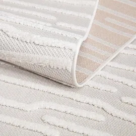 Carpet City In-& Outdoor Teppich - 120x170 cm - für Innen-& Außenbereich - Wetterfest Balkon-Teppich, Terrasse, Flur, Küche - Wohnzimmer-Teppiche - Hochtief/ 3D-Effekt - Streifen-Muster in Creme