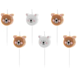 Partydeco Geburtstagskerzen Teddybär 3cm 6er Set Kuchenkerzen Tortendeko Kindergeburtstag braun weiß