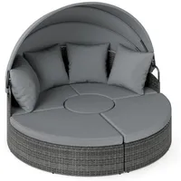 COSTWAY Sonneninsel, Sonnenliege Rattan mit 4 Kissen, einziehbarem Vordach grau