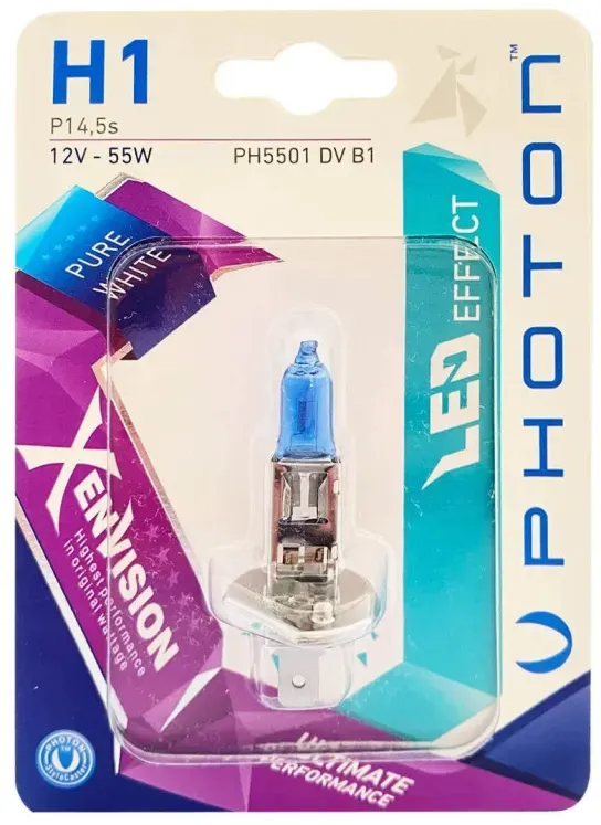 1 Stück Halogenlampe H1 x1 12V 55W P14,5s weißes Licht Xen Vision im Blister von Photon