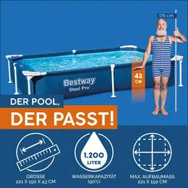 BESTWAY Steel Pro Frame Pool 221 x 150 x 43 cm inkl. Filterpumpe und Reparaturset