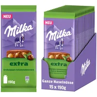 Milka Schokolade Extra Ganze Haselnüsse – Alpenmilch-Schokolade mit knackigen ganzen Haselnüssen – 15 x 190g