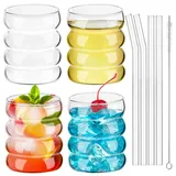 Vilomdur 4er Cocktailgläser,330ml Trinkgläser Gerippte Gläser Set,Wellenförmige Eiskaffeegläser Getränkegläser Saftgläser Bubble Gläser Wassergläser mit Glasstrohhalmen&Bürsten Latte Macchiato Gläser