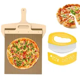 WIOONI 58x30cm Pizzaschieber, Sliding Pizza Peel mit Pizzaschneider und Backtuch Antihaftbeschichteter Pizzaschaufel für Einfache Übertragung von Pizza, Kuchen, Brot, Pizza Zubehör (Braun)