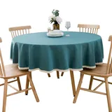 BHOMTY Runde Tischdecke aus Baumwolle und Leinen Maschinenwaschbar Pfauenblau Durchmesser 100 cm, geeignet für runde Tische mit einem Durchmesser von 50-60 cm