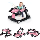 DREAMADE Lauflernhilfe, 4 in 1 Autoförmiger Lauflernwagen mit einstellbarer Geschwindigkeit, Musik & Licht, Babywalker Höhenverstellbar & Klappbar, Gehfrei Baby ab 6 Monate (Pink)