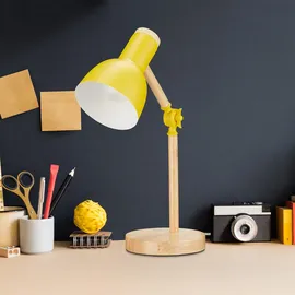 Relaxdays Schreibtischlampe, verstellbare Retro Tischlampe, Holz, Metall, E14 Fassung, Leselampe, 45,5 x 14,5 cm, gelb