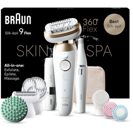 Braun Silk-épil 9 Flex SkinSpa, Epilierer mit flexiblem 360°-Kopf, Wet&Dry, langanhaltend seidig Haut, All-In-One Set, mit FaceSpa-Epilierer und Mini-Rasierer für das Gesicht, 9-681 goldfarben