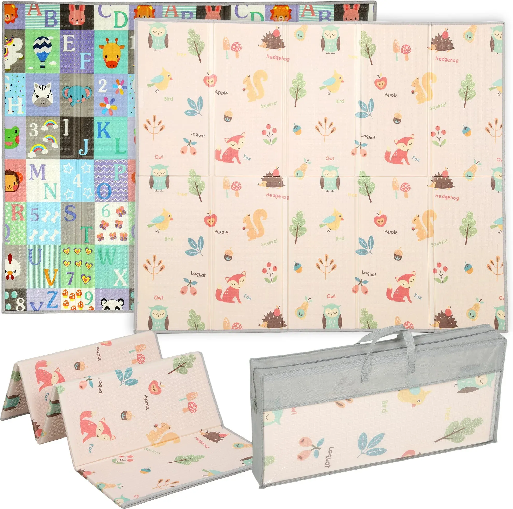 AIYAPLAY Spielmatte Baby Faltbar Kinder 176,5 x 148 cm Doppelseitige Krabbelmatte Wasserdicht Rutschfest Tragbare Spielteppich Kindermatte mit Alphabet- und Tiermotiv-Muster, Babygeschenk   Aosom