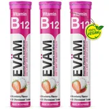 eväm Vitamin B12 Brausetabletten Geschmack Erdbeere 3x 20 Stück Vitamin C hochdosiert Nahrungsergänzungsmittel zur Unterstützung des Immunsystems