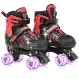 JEOBEST Rollschuhe Verstellbare Rollschuhe für Kinder,LED Rädern,Atmungsaktiv Quad Skates, Für Mädchen und Jungen, Weihnachts Geschenke, Größen 27-37 rot|schwarz S(27-31)