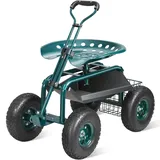 Vevor Rollsitz Gartenwagenrollsitz aus Stahl bis 136kg belastbar Gartensitz Gartenwagen mit 25cm Griff und 45-54cm höhenverstellbarem Sitz Rollwagen 30PSI Reifendruck Arbeitssitz Gartensitz Grün