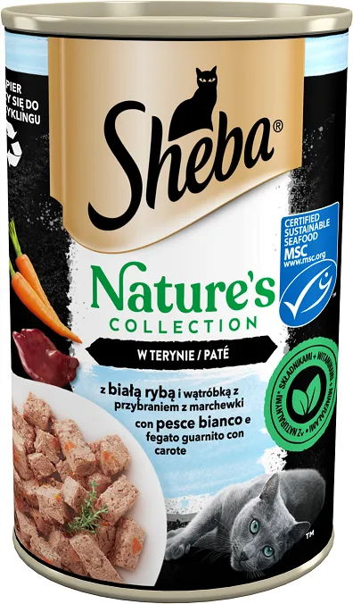SHEBA Dose 400 g Nature's Collection - Nasses Alleinfuttermittel für ausgewachsene Katzen, mit Weißfisch und Leber mit Karottenaufstrich, in Terin (Rabatt für Stammkunden 3%)