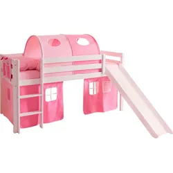 Hochbett TICAA "Manuel", rosa (kiefer massiv weiß, rosa, pink), B:217cm H:114cm L:205cm, Hochbetten, mit Rollrost in verschied. Ausführungen wahlweise mit Matratze, weiß