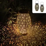 Görvitor Solarlaternen für Außen 2 Stück, LED Metall Solar Laterne für Draußen IP65 Wasserdicht, Hängend/Stehend Solarlampen für Außen Garten Vintage deko Balkon Terrasse Rasen Weihnachten (Schwarz)