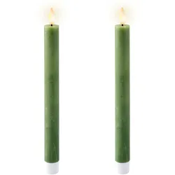 Lumineo 2 LED Kerzen mit Timerfunktion 24cm Wachs - Echtwachskerzen flackernde Flamme Kerzen batteriebetrieben Wachskerzen Stabkerzen Rustik Grün Warmweiß