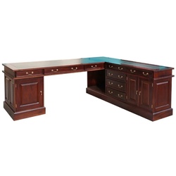 Casa Padrino Luxus Mahagoni Eckschreibtisch Dunkelbraun / Grün 225 x 200 x H. 80 cm - Massivholz Bürotisch - Mahagoni Büro Möbel - Luxus Büro Möbel