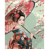 IDEYKA Die Dame im Kimono - Malen nach Zahlen für Erwachsene, einfaches Acryl-Malen nach Zahlen für Erwachsene, malen nach zahlen erwachsene mit rahmen,DIY-Malen nach Zahlen als Geschenk, 40х50cm