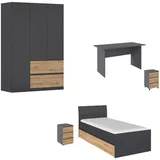 Rauch Jugendzimmer-Set Komplettzimmer Schlafzimmer-Set (5-St) Jugendzimmer-Set JOEL, (Set, 5-tlg., Bett 90x200 oder 140x200 cm, Ausstattungspakete BASIC/CLASSIC/PREMIUM), Bett 2 Breiten,Nachttisch,Tisch,Rollcontainer,Schrank MADE IN GERMANY grau