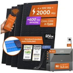 Solarway® All In One Balkonkraftwerk mit Speicher 2000W komplett Steckdose - 1,6 kWh Anker Solix 2 PRO Speicher - Solaranlage Komplettset - 500W bifaziale Solarmodule & Anker Speicher & Zubehör